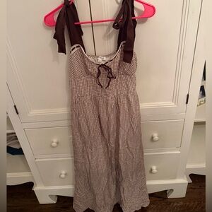 Brown Gingham Dress with Ribbon Straps